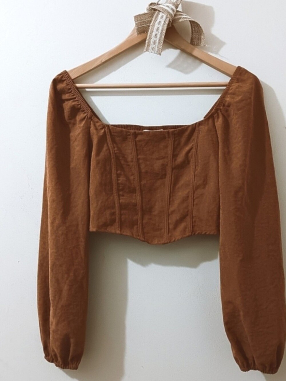 Kirious Pecan Brown Soft Faux Suede Square Neck Balloon Sleeve Corset Crop Top